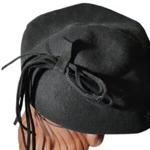 1940s Black Felt True Vintage Tall Beret Style Tilt Hat With Gold Button Trim Vintage | Accessories | 94s Black Felt True Vintage Tall  main image 2